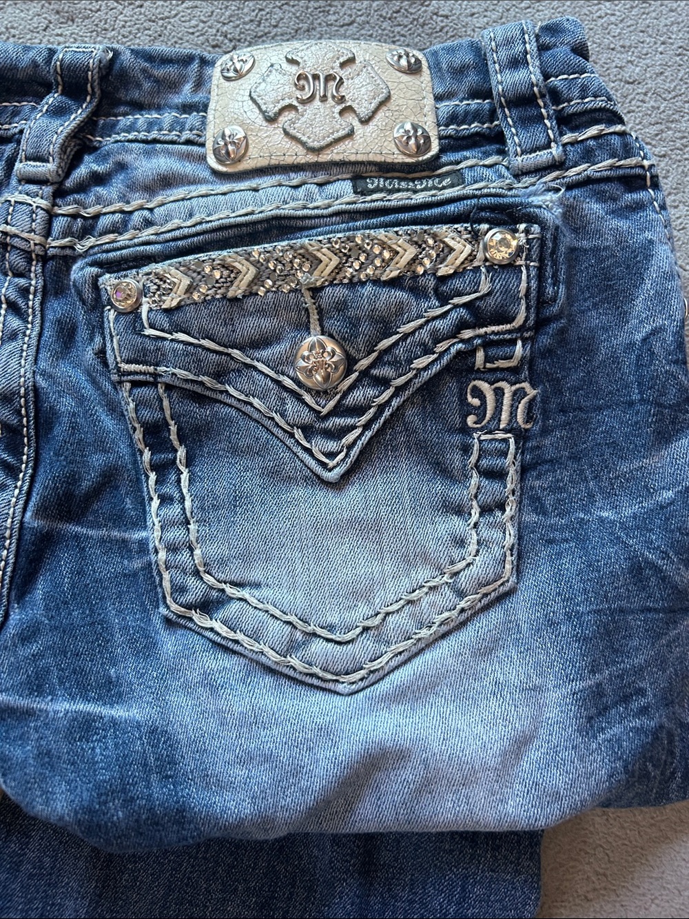 ‘Miss Me’ Women’s Low Rise Distressed Blue Bootcut Jeans